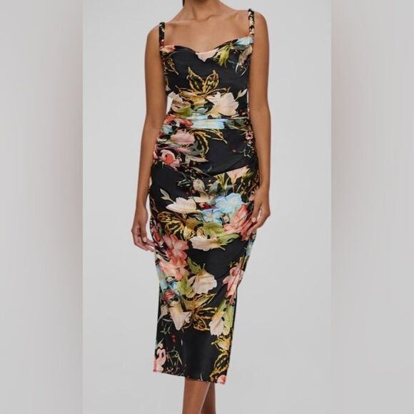 Leo Lin Women's Black Rachel Cowl-Neck Floral Silk Midi Slip Dress Size 6 - Picture 1 of 13